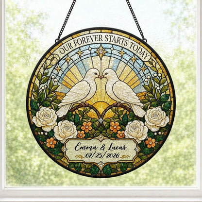 Personalized Wedding Doves Our Forever Starts Today Floral Stained Glass Round Suncatcher
