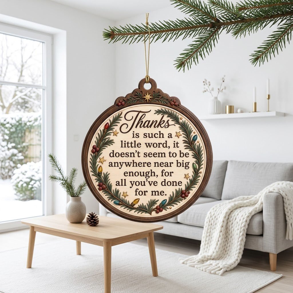 Wood ornament with arched top, pine branches, colorful lights, red berries, gold stars, and a heartfelt thank-you quote.