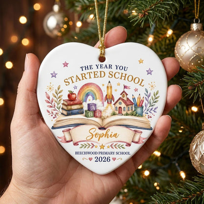 Heart ceramic ornament with an open book, rainbow, schoolhouse, ABC blocks and banner for name, school and year