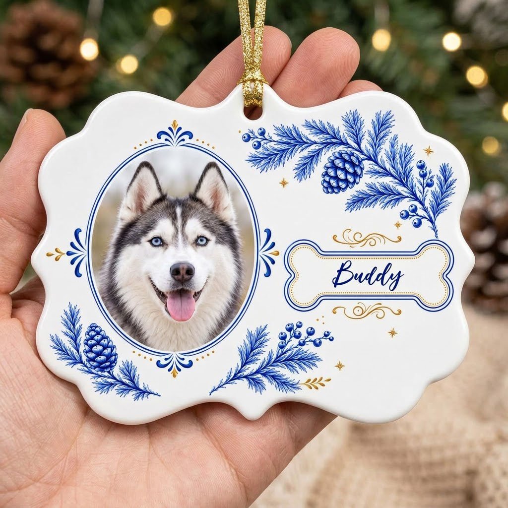 Medallion ceramic ornament with blue and gold filigree, bone name banner, and a custom husky dog photo on white.