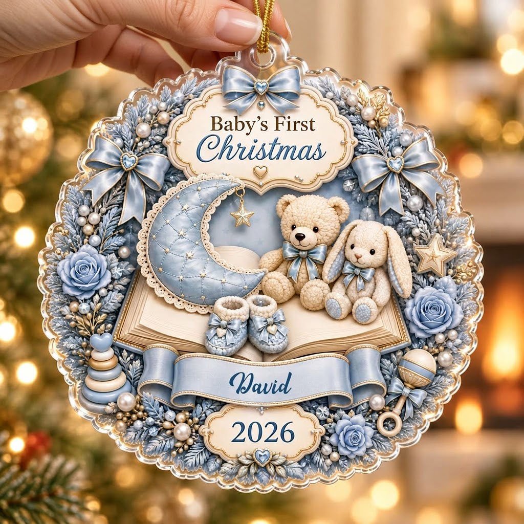 Blue floral wreath acrylic ornament with moon, teddy and bunny, plus Baby's First Christmas with name and year.