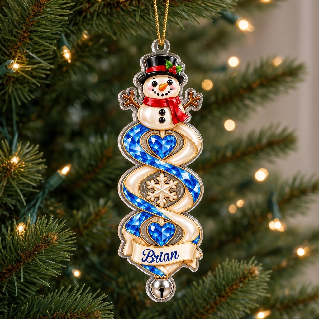 Custom-cut acrylic ornament with snowman or Christmas tree, spiral ribbon, gem hearts, and a name banner with bell.