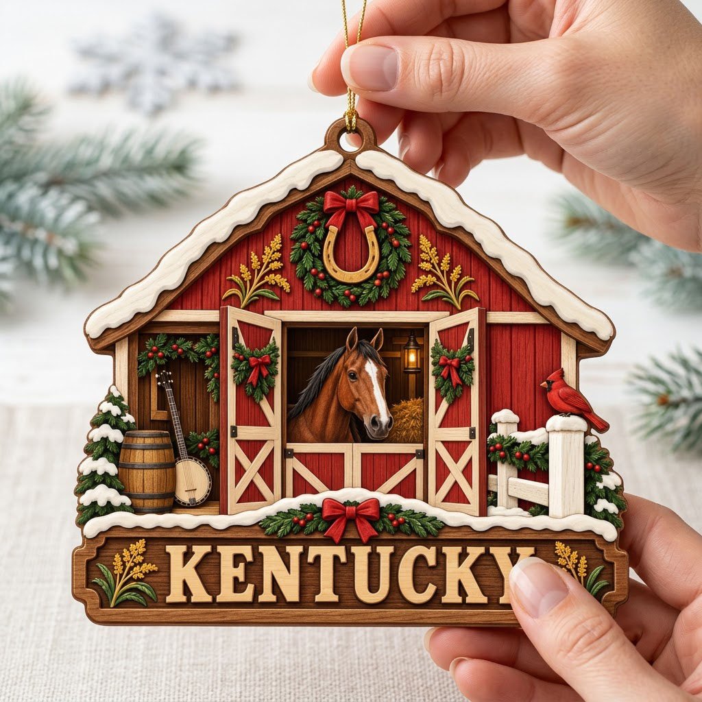 Snow-topped red barn ornament with brown horse, horseshoe wreath, wheat, and “KENTUCKY” text on a barn silhouette.