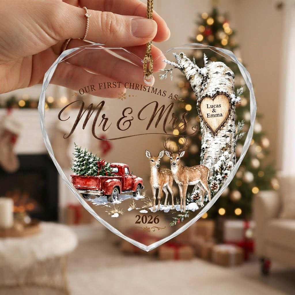 Personalized Our First Christmas as Mr & Mrs Deer Red Truck Heart Glass Ornament