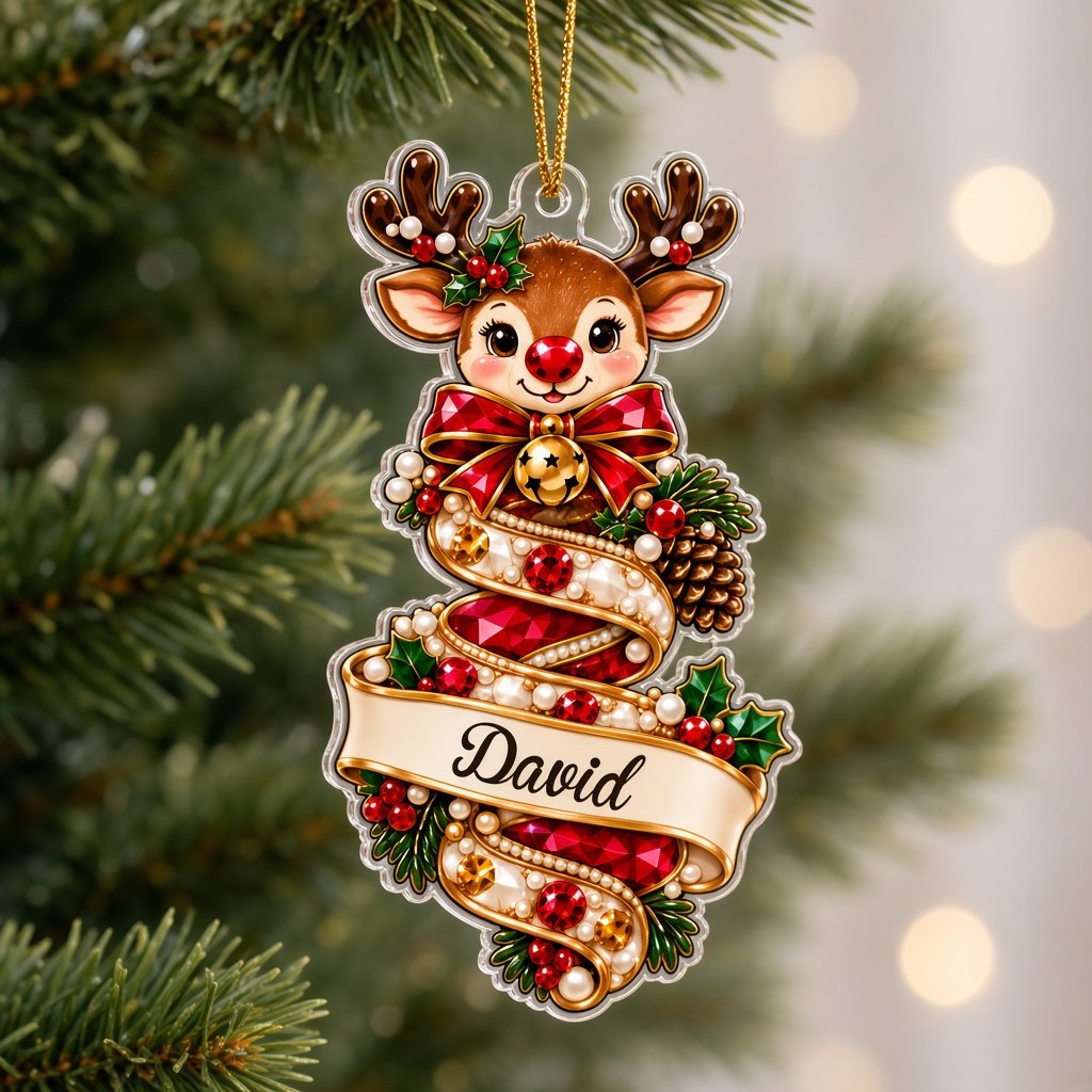 A custom-cut clear acrylic ornament shows a polar bear and Mrs. Claus in a jeweled spiral with a name banner and red rib