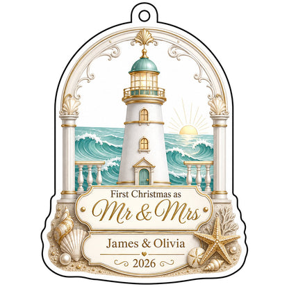 Personalized Coastal Lighthouse First Christmas as Mr & Mrs Acrylic Ornament, Custom Beach Wedding Keepsake