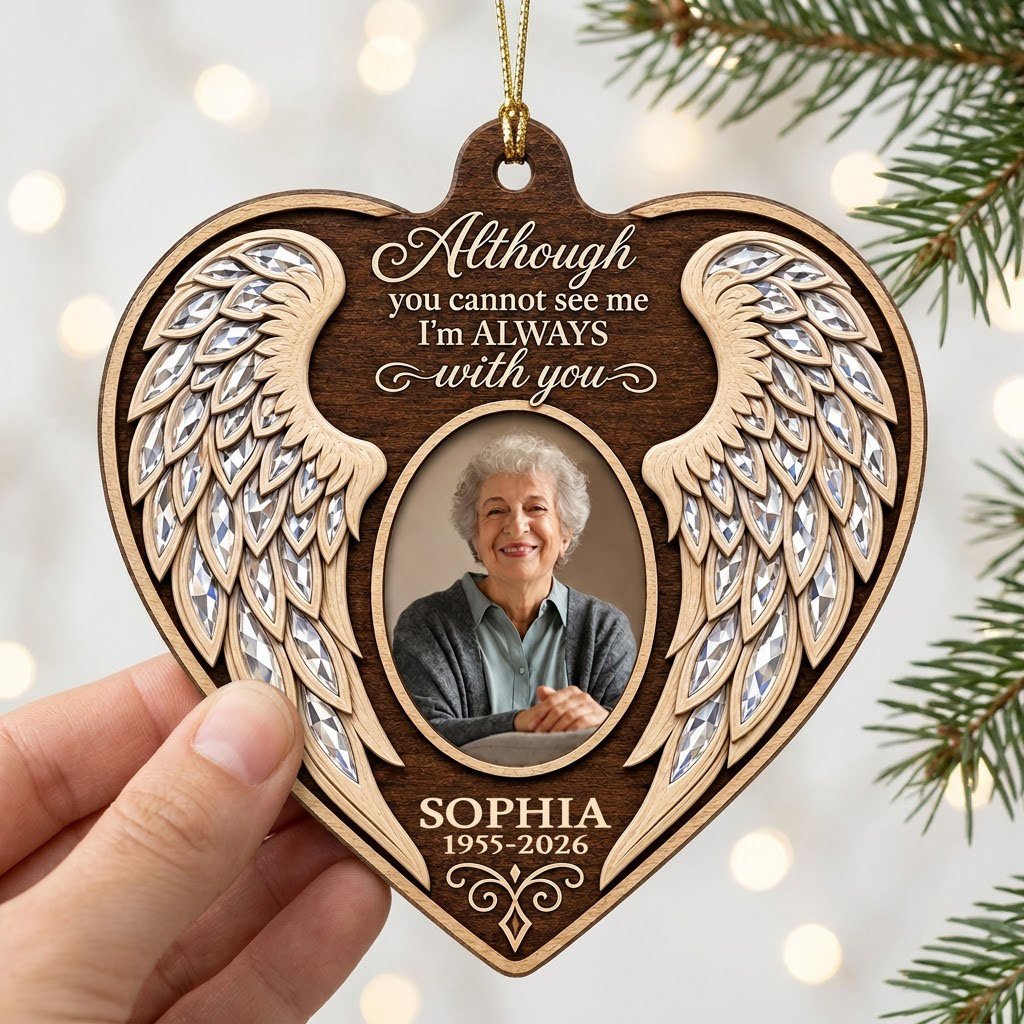 Heart wood ornament with angel wings, oval photo, and the quote 'Although you cannot see me I'm ALWAYS with you'.
