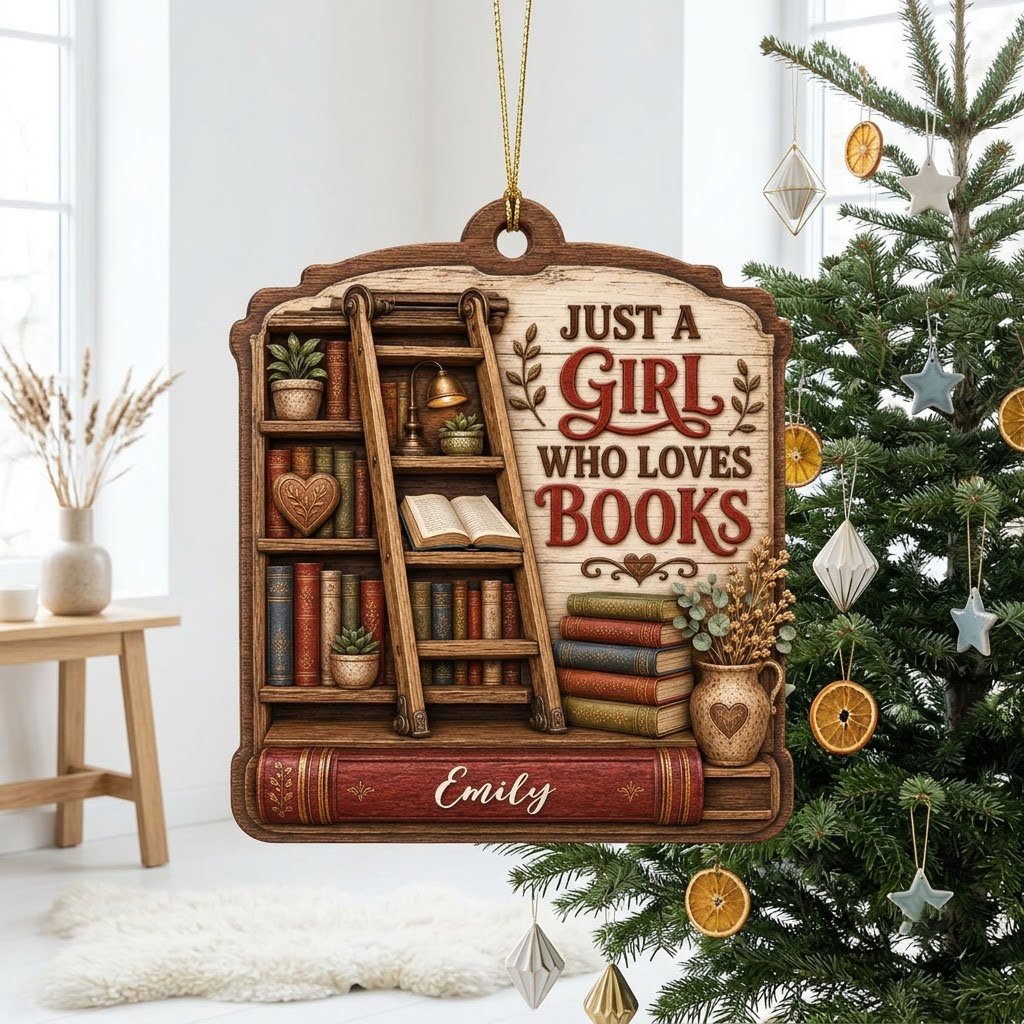Arched wood ornament with bookshelf, ladder, and 'Just a Girl Who Loves Books' with a name on a red book spine.