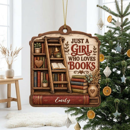 Arched wood ornament with bookshelf, ladder, and 'Just a Girl Who Loves Books' with a name on a red book spine.