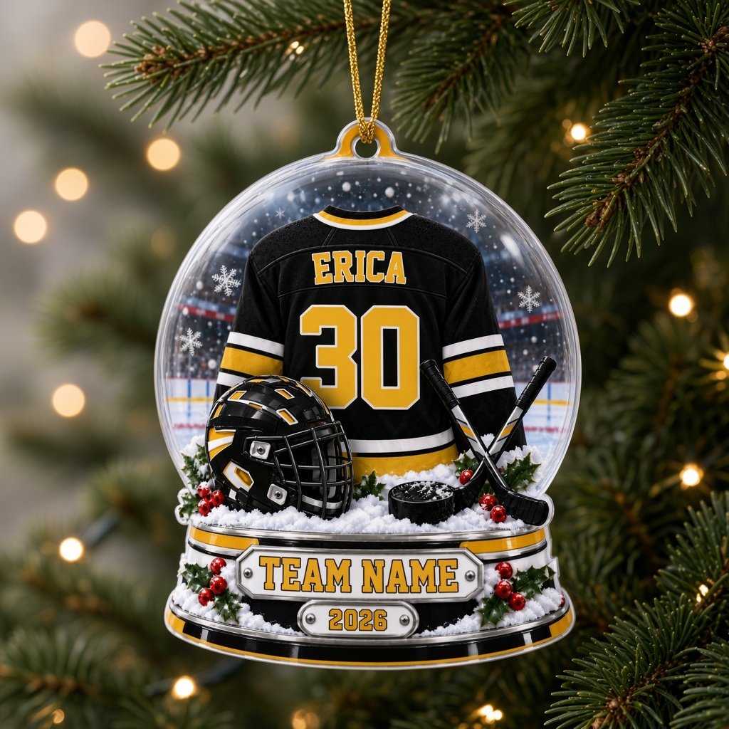Acrylic snow globe ornament with hockey jersey, helmet, crossed sticks, puck, holly, and a silver plaque base.