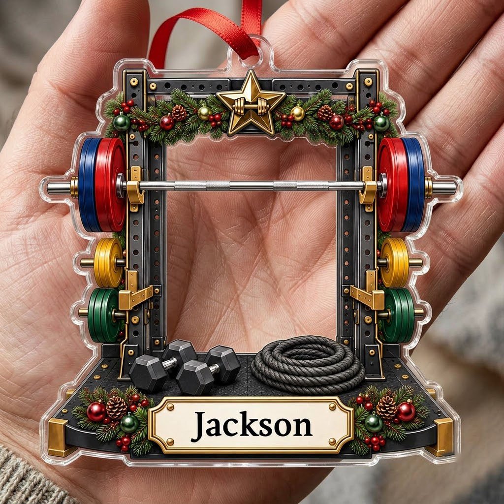 A squat rack-shaped acrylic ornament with garland, barbell, dumbbells, and a photo cutout above a name plaque.