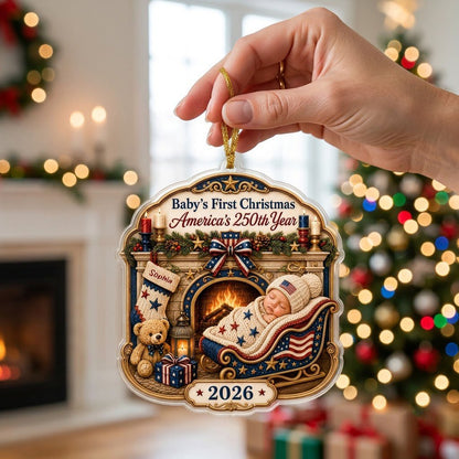 Personalized America 250th Baby's First Christmas Fireplace Acrylic Ornament, Custom Patriotic Newborn Keepsake