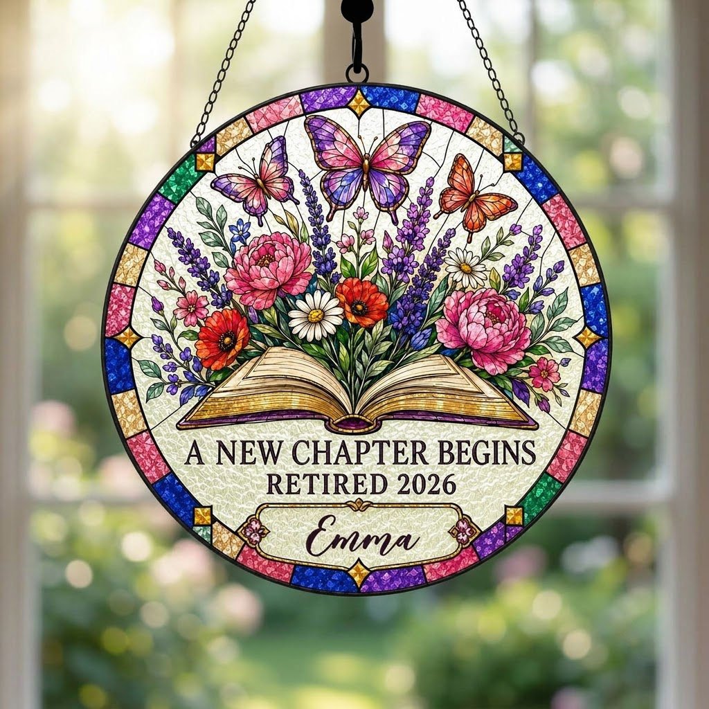 Personalized Retirement Open Book & Butterflies A New Chapter Begins Stained Glass Round Suncatcher