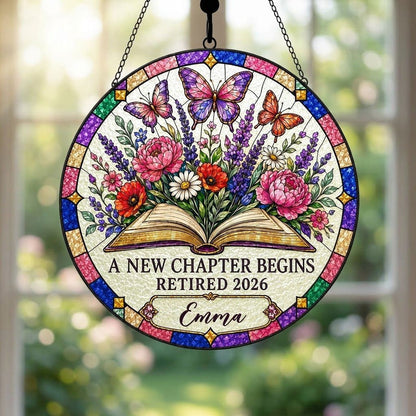 Personalized Retirement Open Book & Butterflies A New Chapter Begins Stained Glass Round Suncatcher