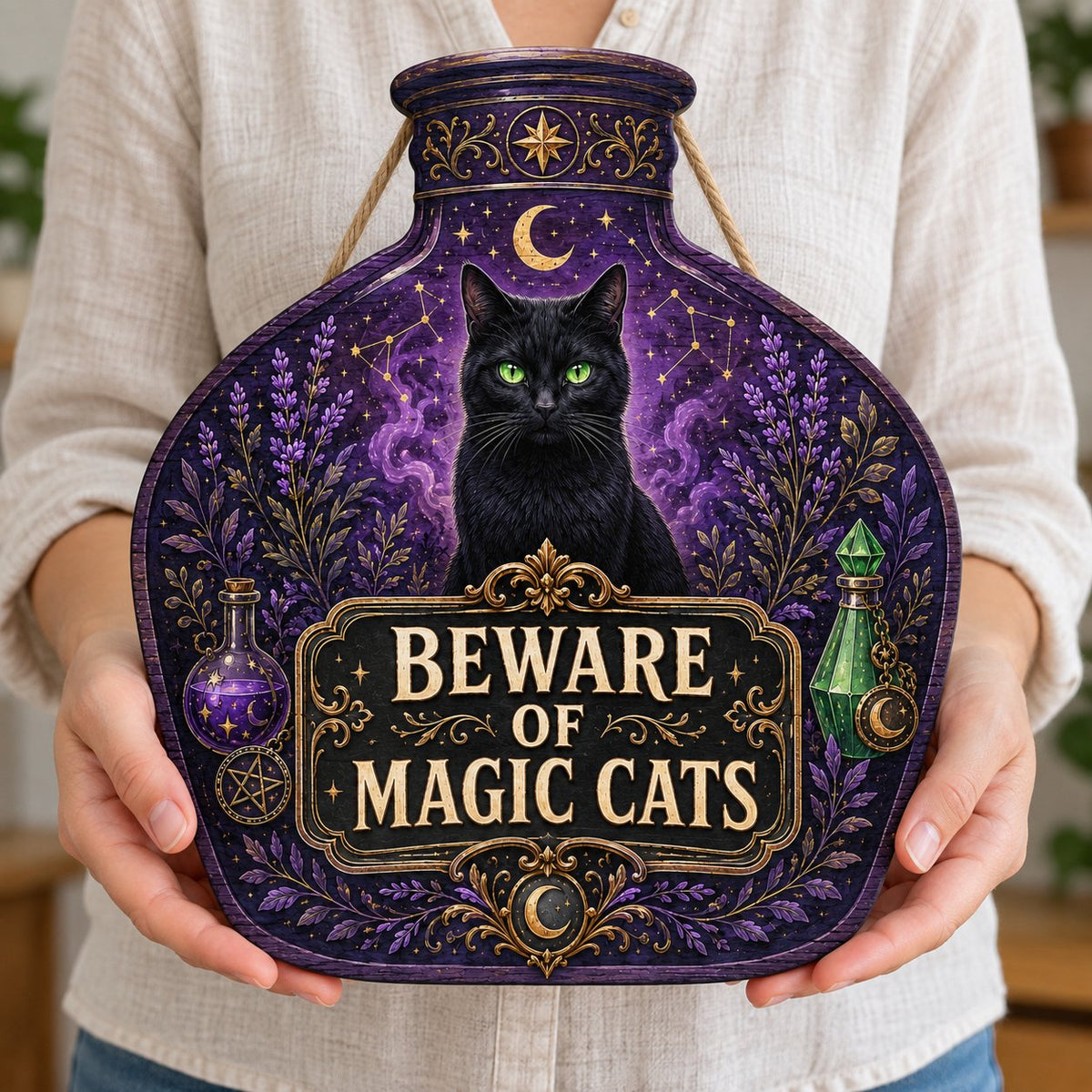 Potion bottle-shaped wooden sign with a black cat, moon, stars, lavender, and the text 'BEWARE OF MAGIC CATS'