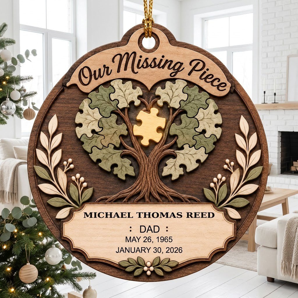 Round wood ornament displays “Our Missing Piece” with a puzzle-piece family tree and a gold missing piece at the center.