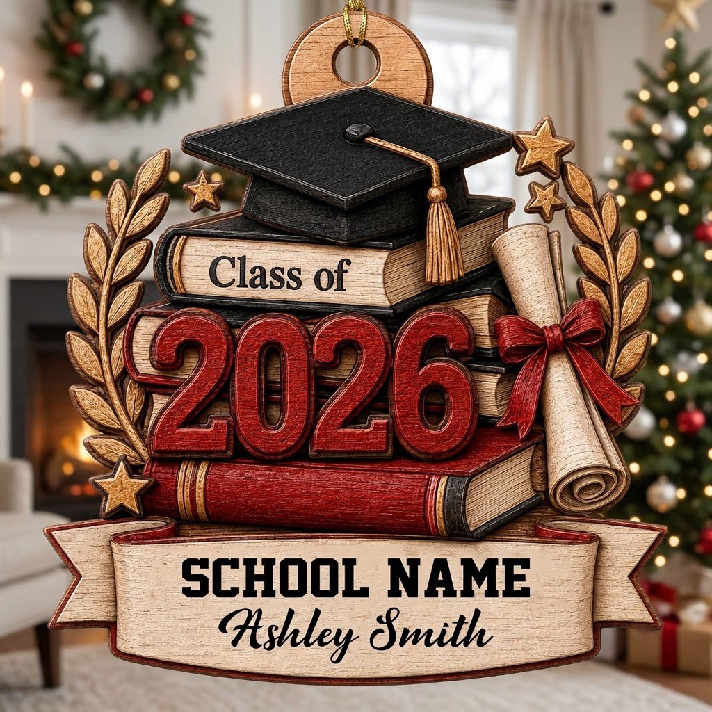Graduation cap with gold tassel atop books, large 2026 numbers, a red-tied diploma, laurel leaves, stars, and a bottom b