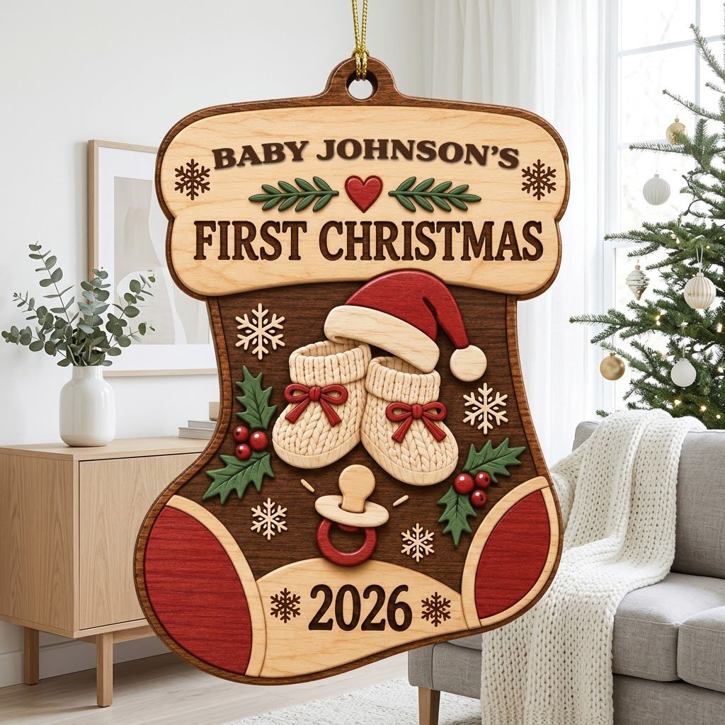 Stocking-shaped wood ornament with baby booties, Santa hat, holly, snowflakes, and FIRST CHRISTMAS text.