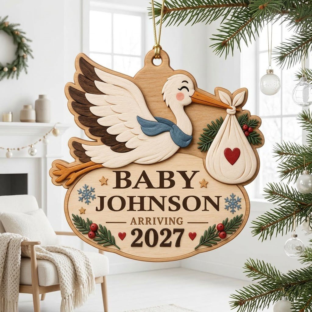 Custom-cut wood ornament of a flying stork with baby bundle above oval plaque reading BABY JOHNSON ARRIVING 2027.