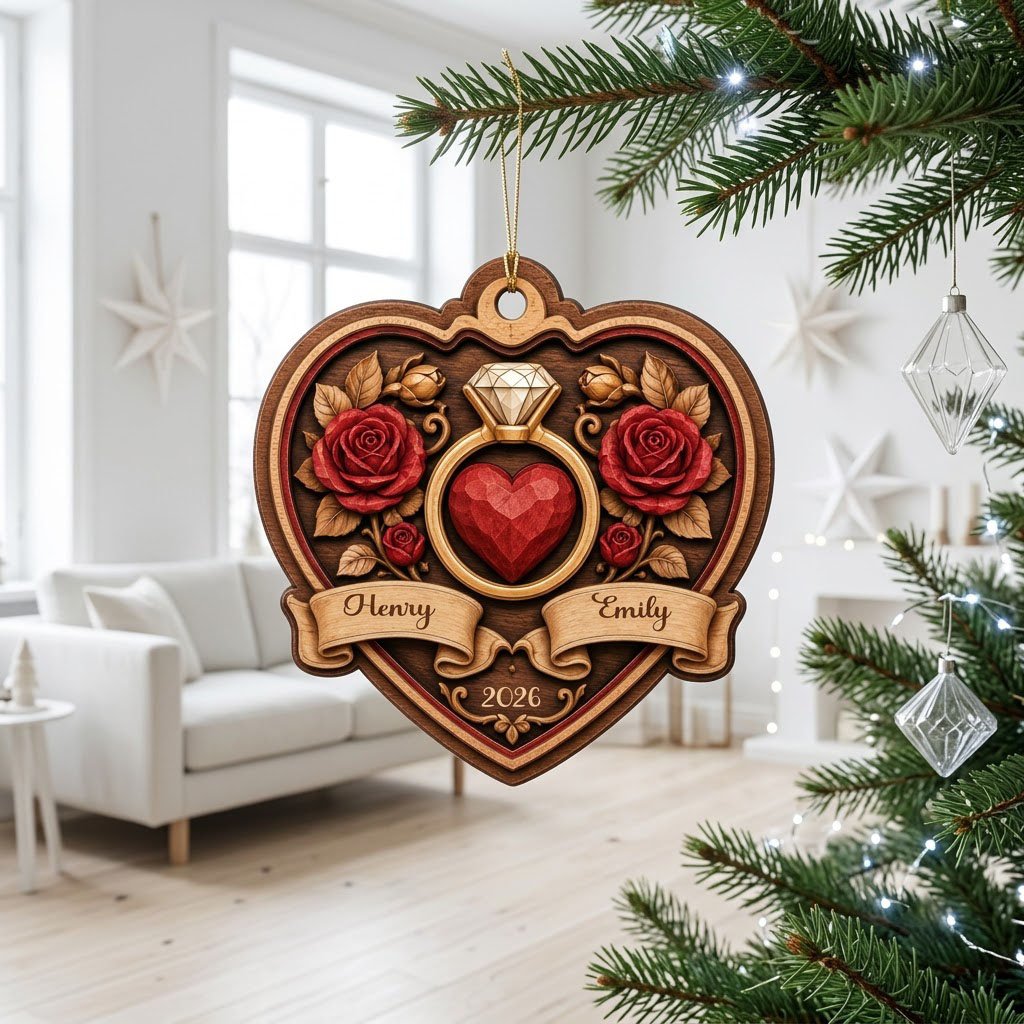 Heart-shaped wood ornament with a gold ring, red heart, red roses, and names Henry and Emily with year 2026.