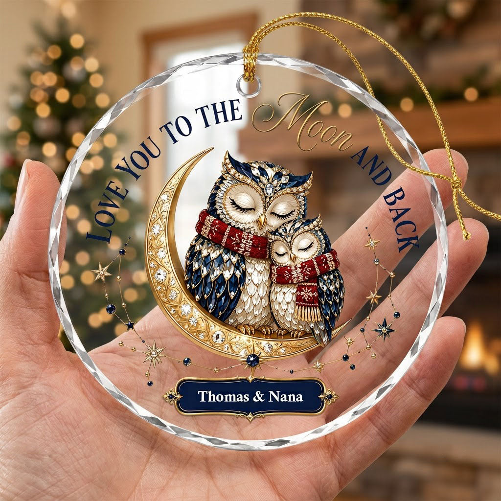 Two jeweled owls on a gold crescent moon with Love You to the Moon and Back text and names on a blue plaque.