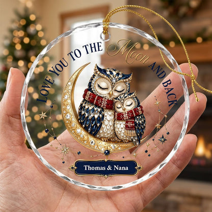 Two jeweled owls on a gold crescent moon with Love You to the Moon and Back text and names on a blue plaque.