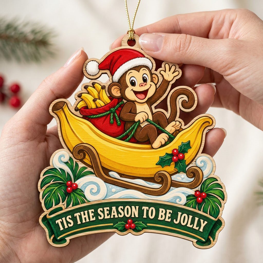 Custom-cut wood ornament with monkey in Santa hat riding a banana sleigh, banner reads TIS THE SEASON TO BE JOLLY.