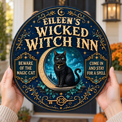 Personalized Wicked Witch Inn Wood Sign, Custom Name Halloween Black Cat Crescent Moon Wall Hanging Decor