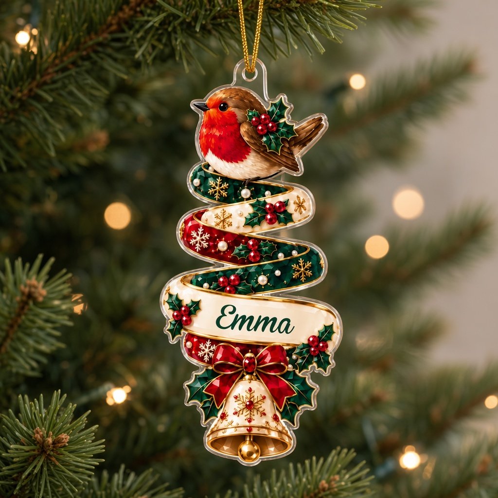 Custom-cut acrylic ornament with robin or fox ribbon tree and a cream name banner.