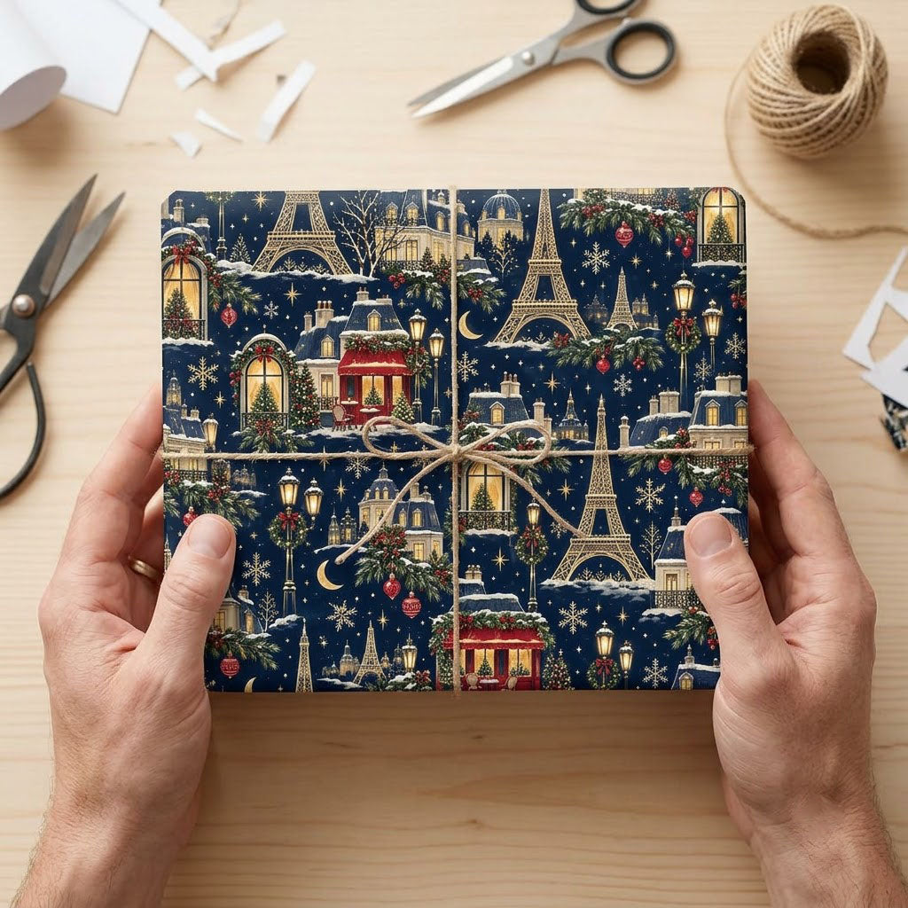Navy Christmas wrapping paper with golden Eiffel Towers, Parisian buildings, a red cafe, stars, moons and snowflakes.