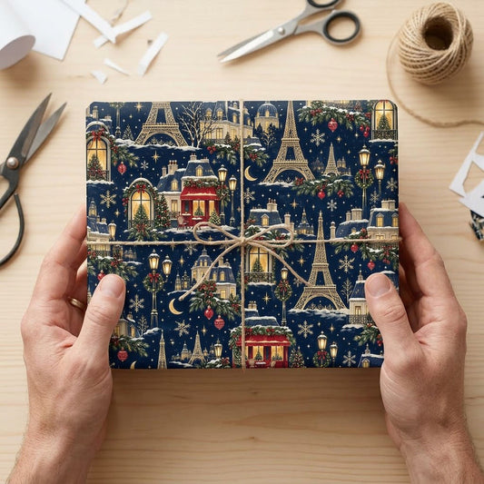 Navy Christmas wrapping paper with golden Eiffel Towers, Parisian buildings, a red cafe, stars, moons and snowflakes.