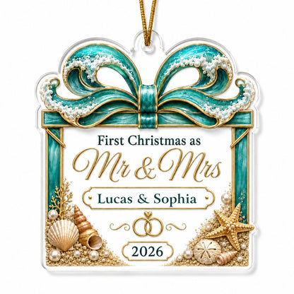 Personalized Beach Ocean Wave Gift Box First Christmas as Mr & Mrs Acrylic Ornament, Custom Destination Wedding Keepsake