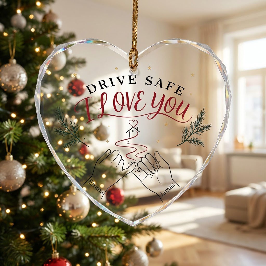 Heart glass ornament with pinky promise hands, red thread to a small house with heart, pine sprigs and gold stars.