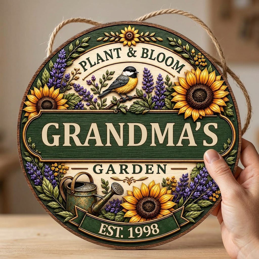 Round wooden sign with sunflowers, lavender, a chickadee, and green banners reading PLANT & BLOOM and GARDEN.