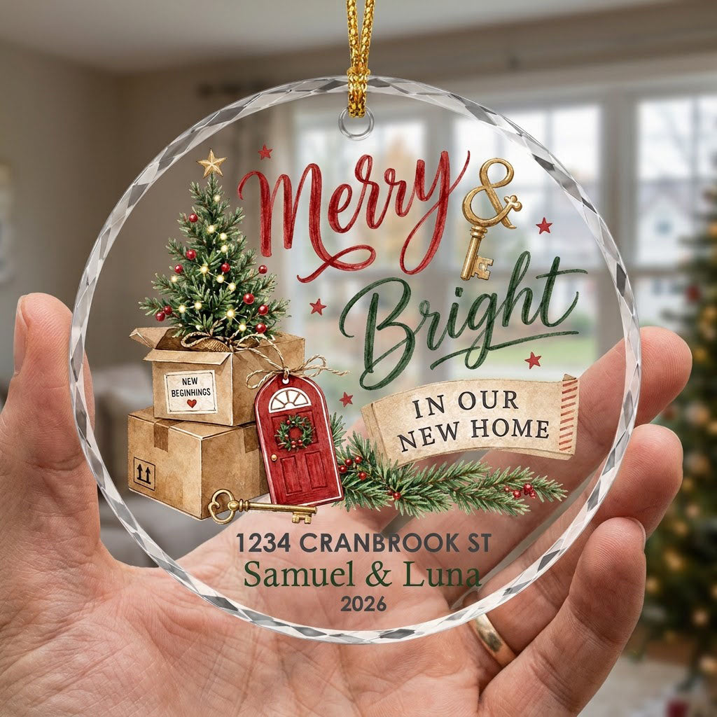 Personalized Merry & Bright In Our New Home Moving Boxes Round Glass Ornament