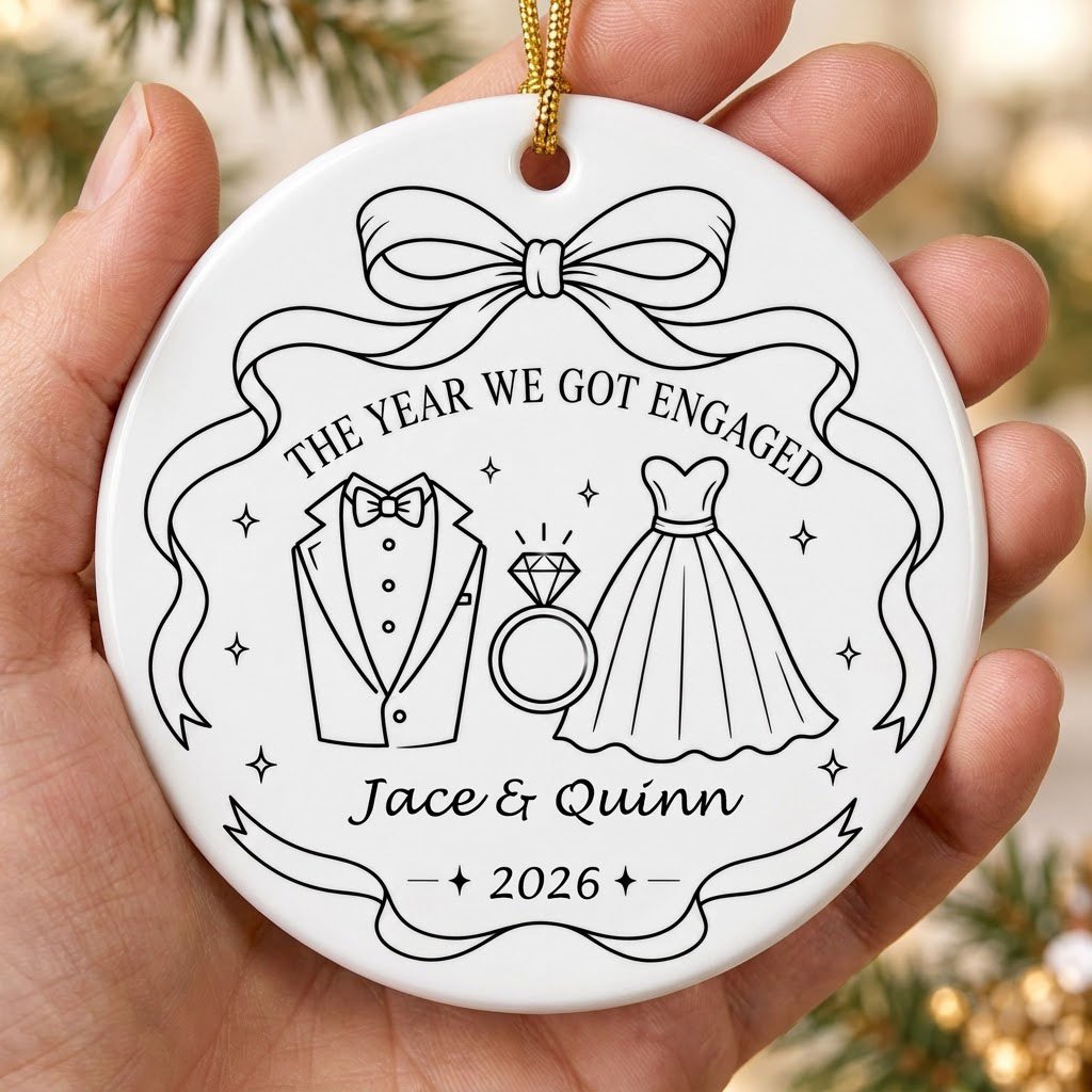 Round white ceramic ornament with black line art of bow, tuxedo, ring, dress, and THE YEAR WE GOT ENGAGED banner.