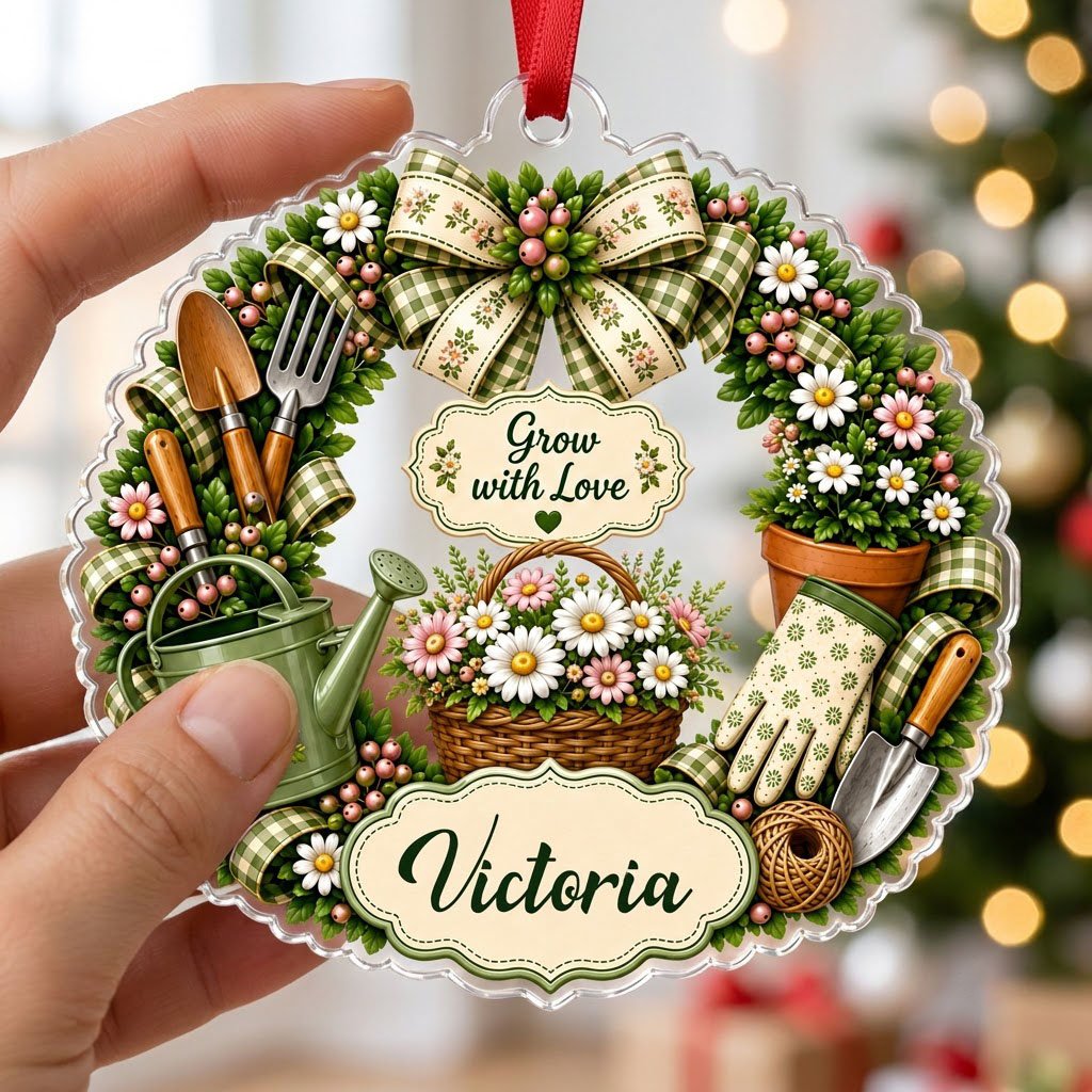 Scalloped acrylic ornament with a floral gardening wreath, tools, and "Grow with Love" plus a personalized name.