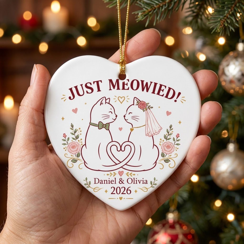 Two white cats with bow tie and bridal veil under JUST MEOWIED with roses and stars on a heart ceramic ornament.