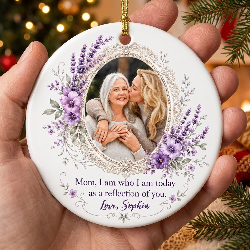 Round ceramic ornament with oval lace frame, pearls, purple pansies and lavender surrounding a photo and mom quote.
