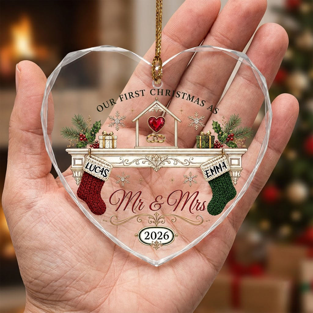 Personalized Our First Christmas as Mr & Mrs Fireplace Stockings Heart Glass Ornament
