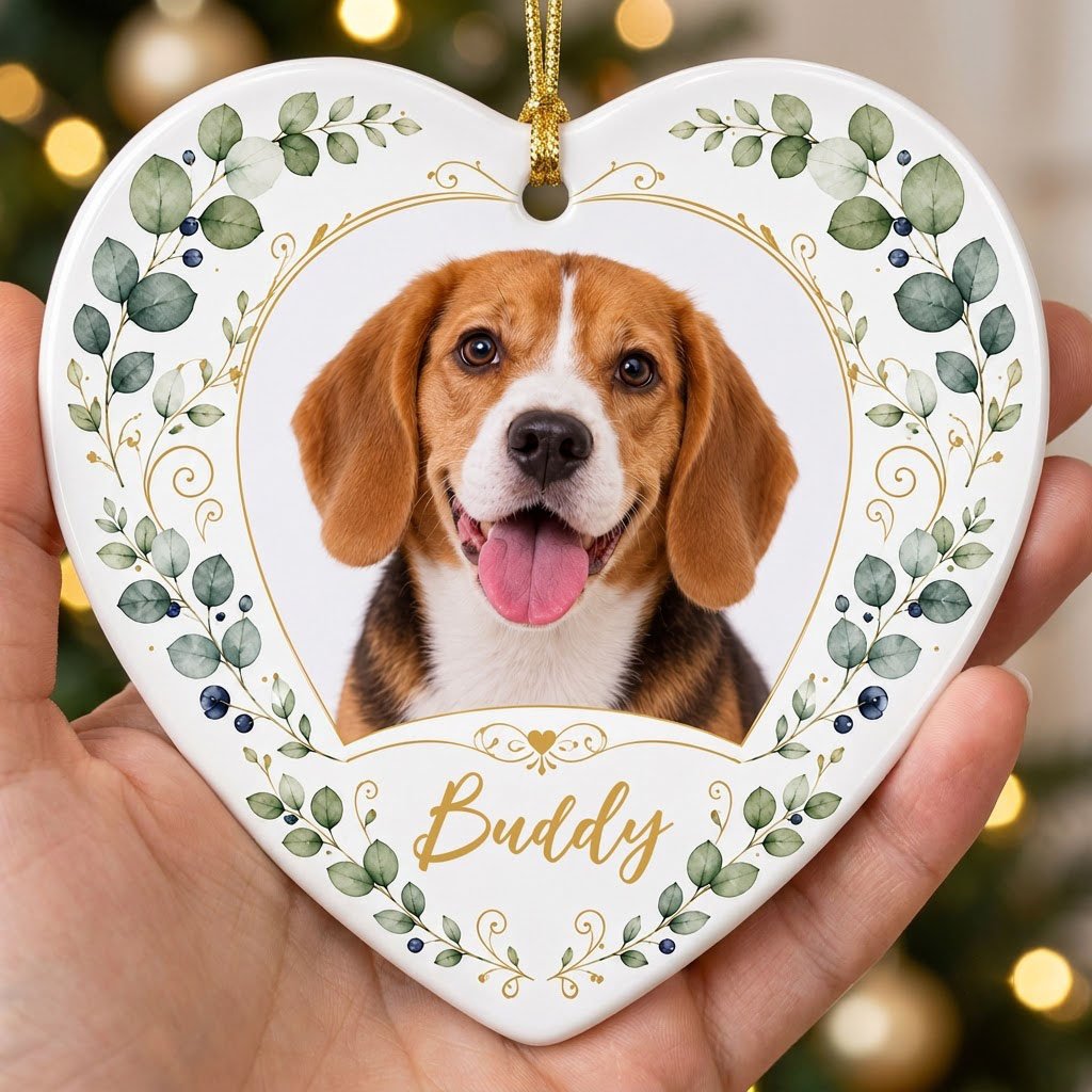 Heart ceramic ornament with a pet photo framed by gold heart scrollwork and eucalyptus with dark blue berries.