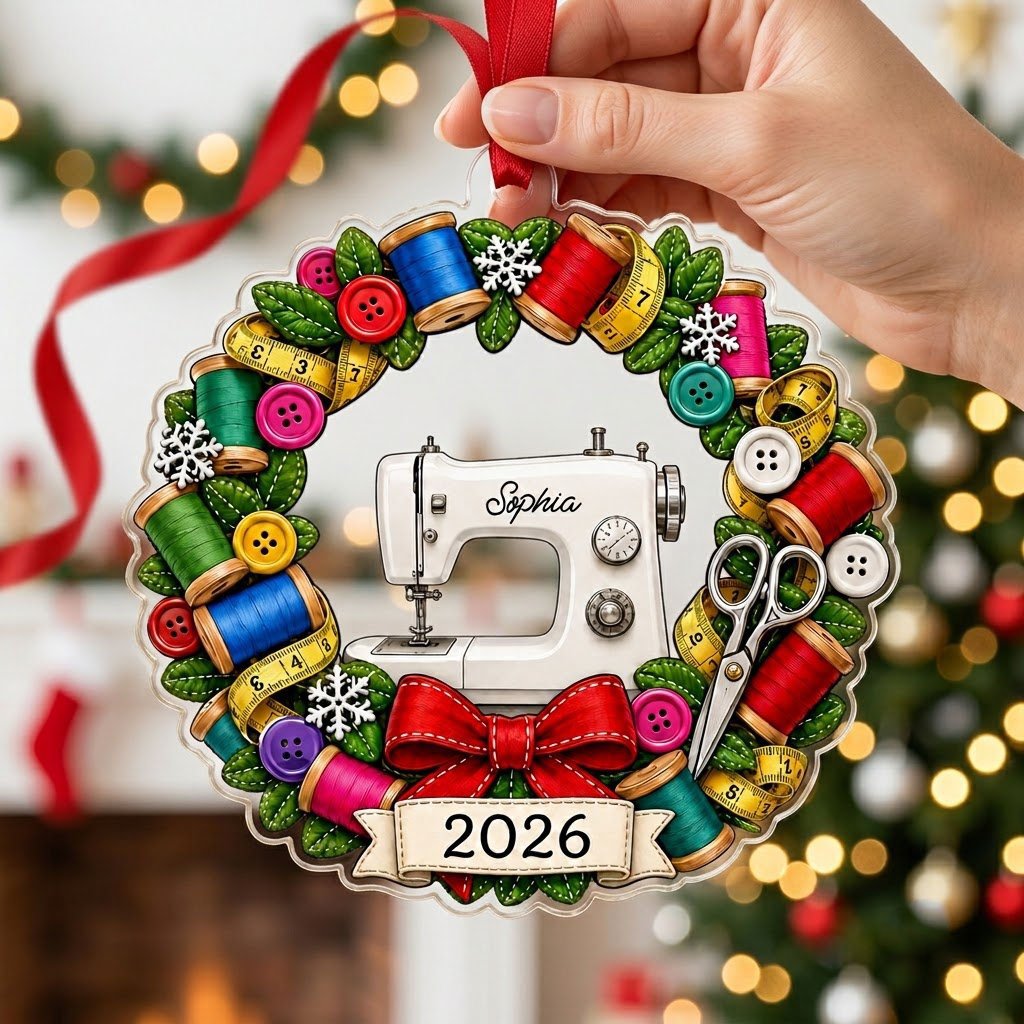 Personalized Sewing Machine Wreath Acrylic Ornament, Custom Quilter Seamstress Keepsake