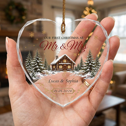 Personalized Our First Christmas as Mr & Mrs Winter Cabin Footprints Heart Glass Ornament