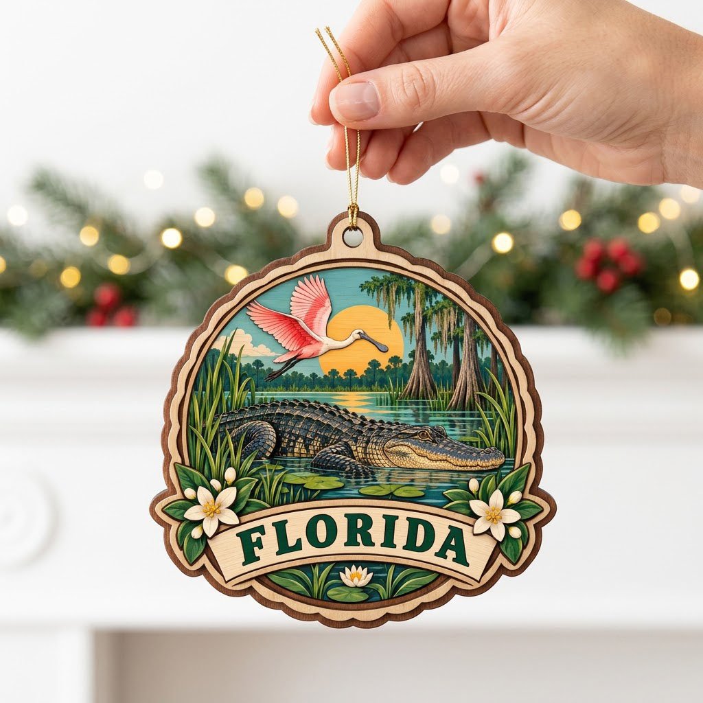 Scalloped wood ornament with alligator, pink spoonbill, sun, cypress trees, and 'FLORIDA' on a bottom banner.
