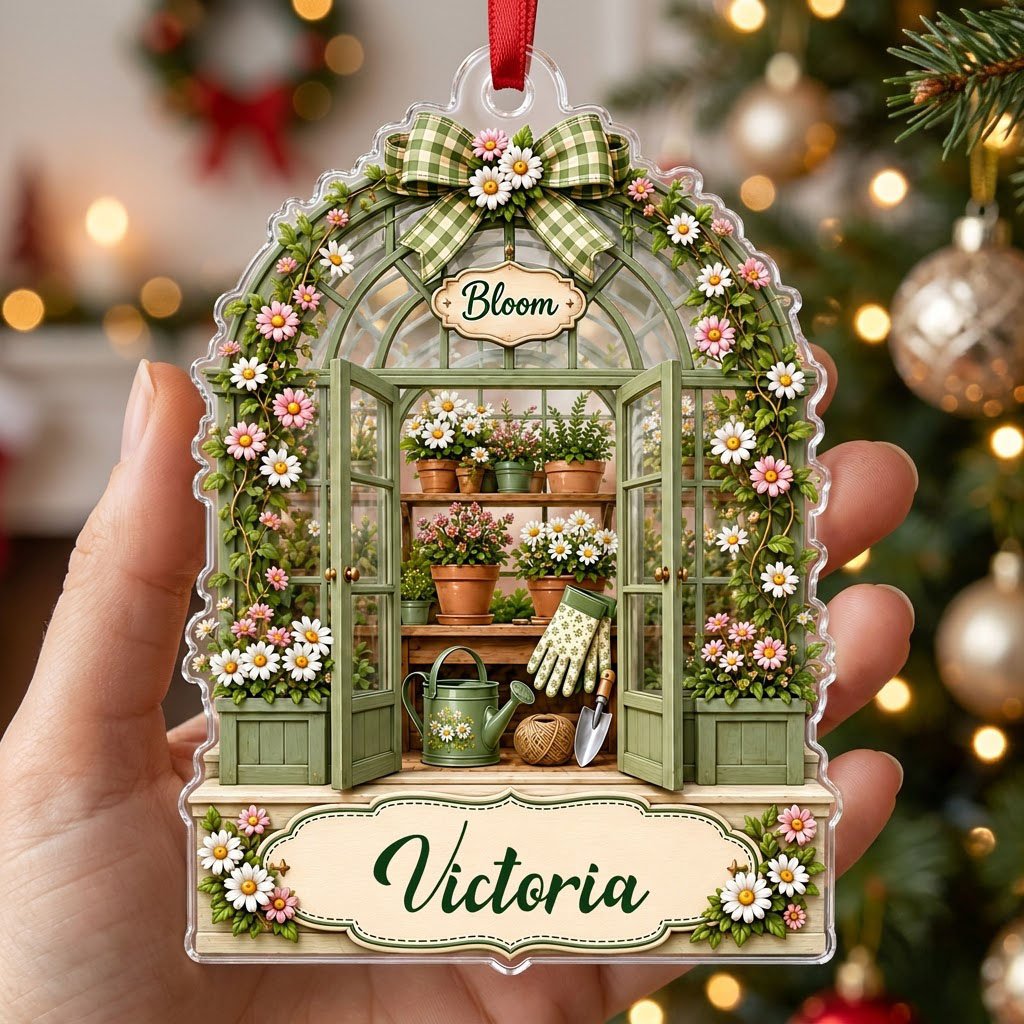 Arched acrylic ornament of a green greenhouse with daisy bow, flowers, tools, and 'Bloom' with a personalized name.