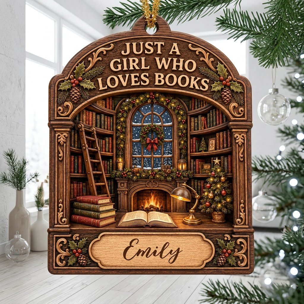 Arch wood ornament with library scene, bookshelves, ladder, fireplace, and 'Just a Girl Who Loves Books' text.