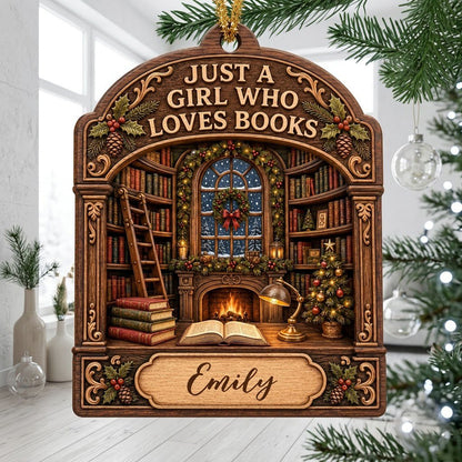 Arch wood ornament with library scene, bookshelves, ladder, fireplace, and 'Just a Girl Who Loves Books' text.