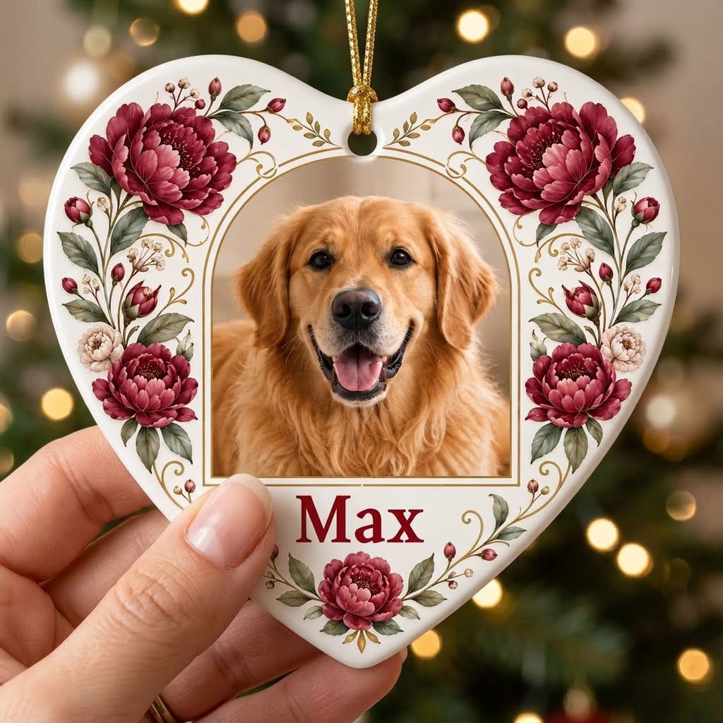 Heart ceramic ornament with red peonies, green leaves, gold flourishes, and a gold arched frame holding a dog photo.