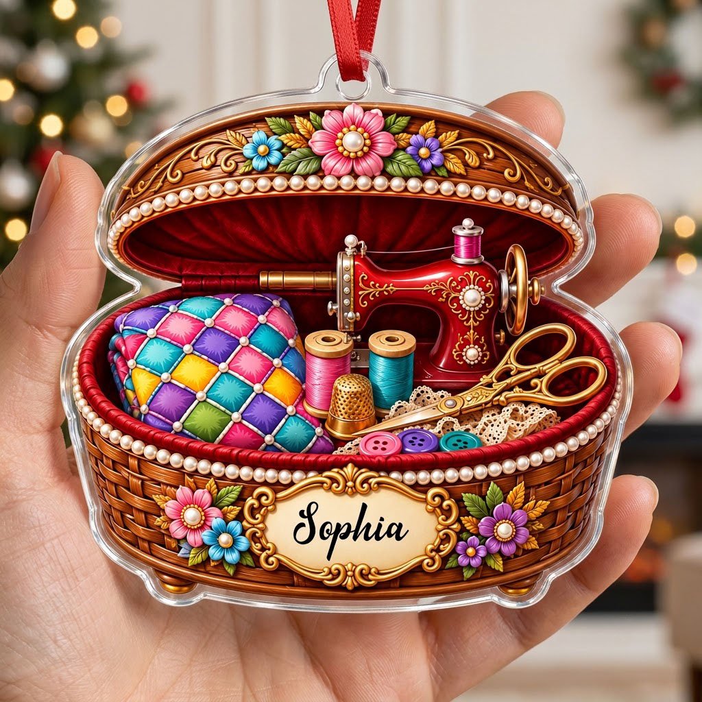 Custom-cut acrylic ornament of a brown sewing basket with a red vintage sewing machine and floral accents