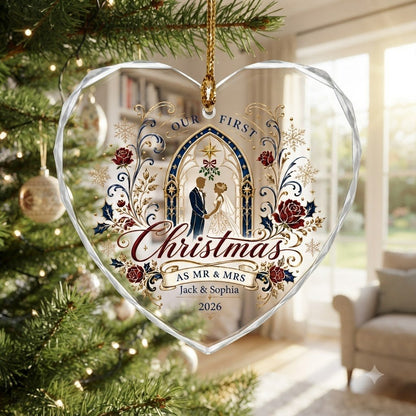 Personalized Our First Christmas as Mr & Mrs Wedding Heart Glass Ornament